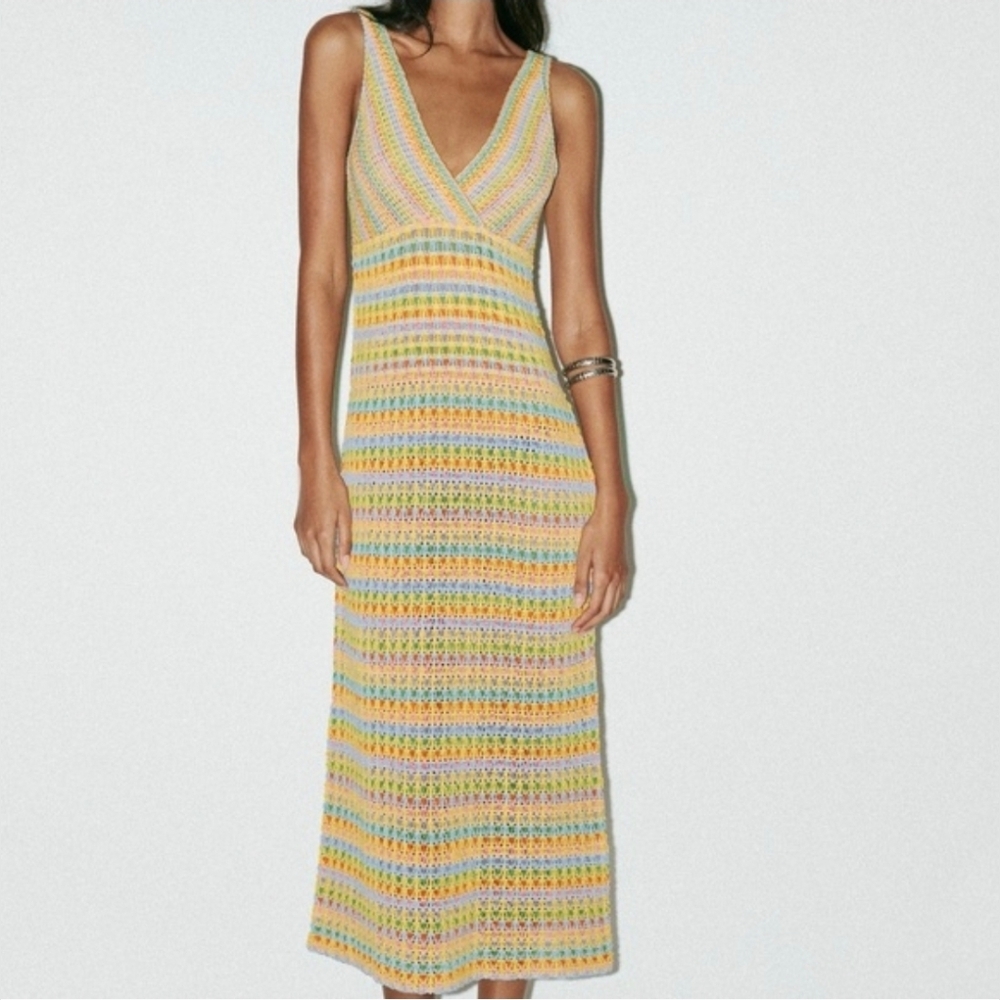 NWT Zara Multi-Stripe Crochet Knit Midi Dress - Pastel Yellow - Small